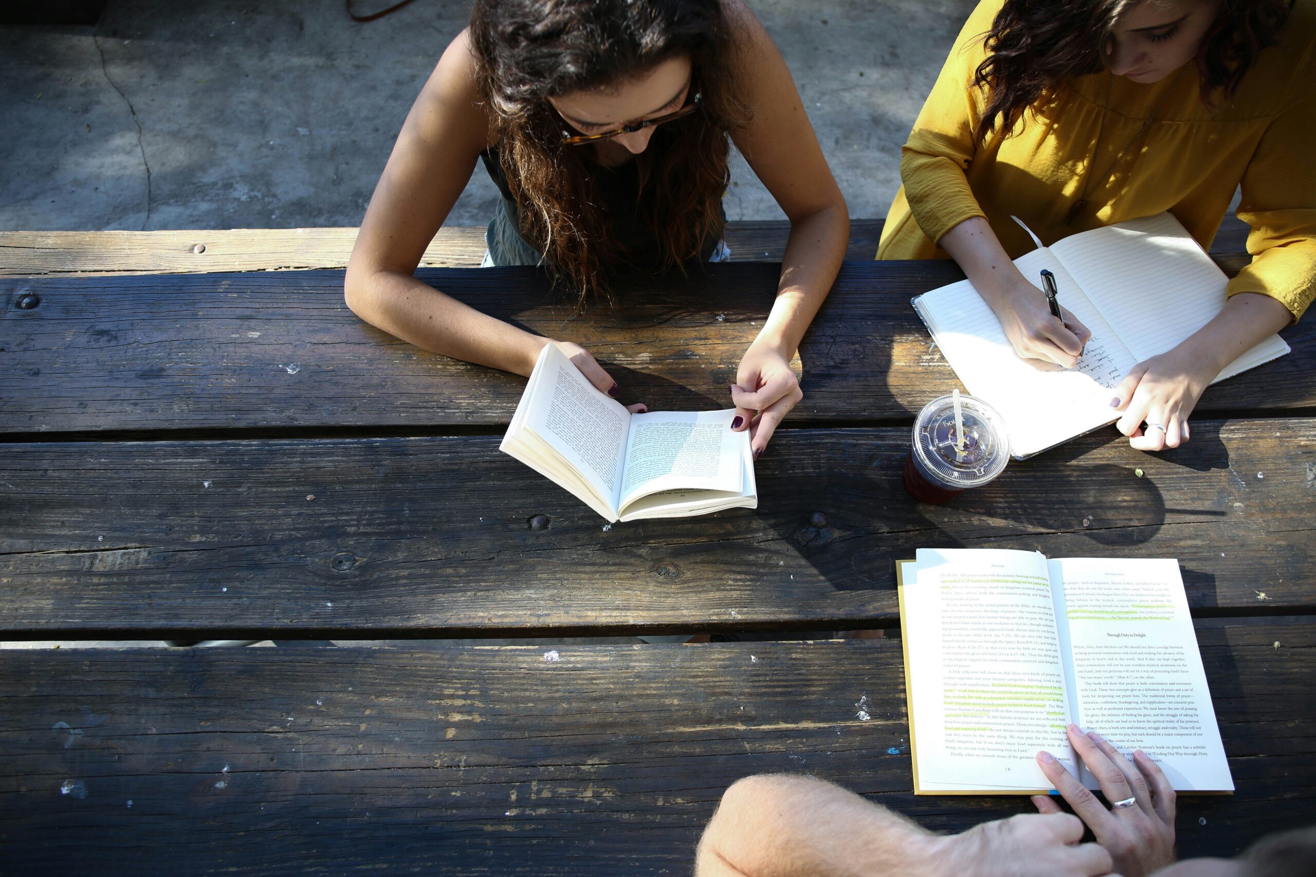 tre ragazze studiano assieme all'aperto