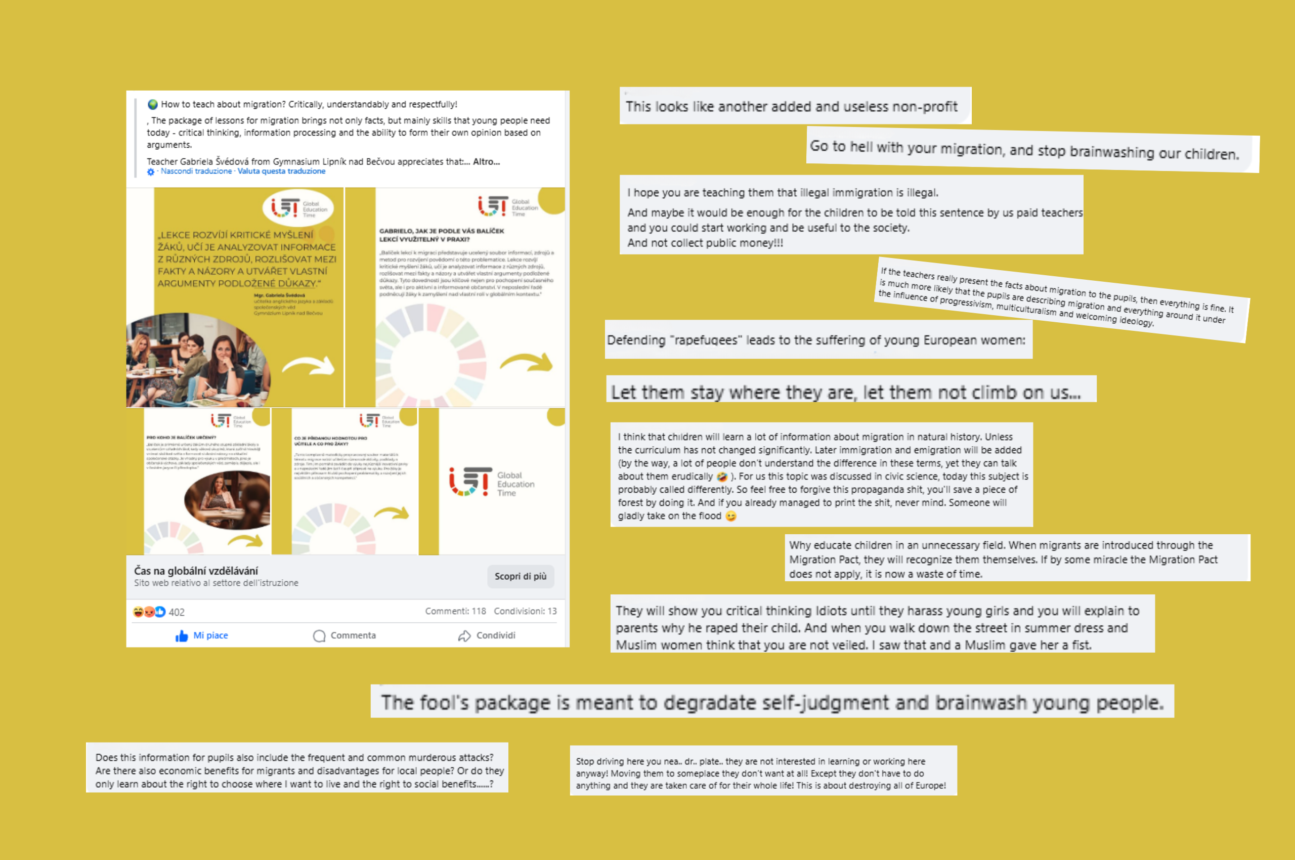 A screenshot of a Facebook post and a selection of negative comments.